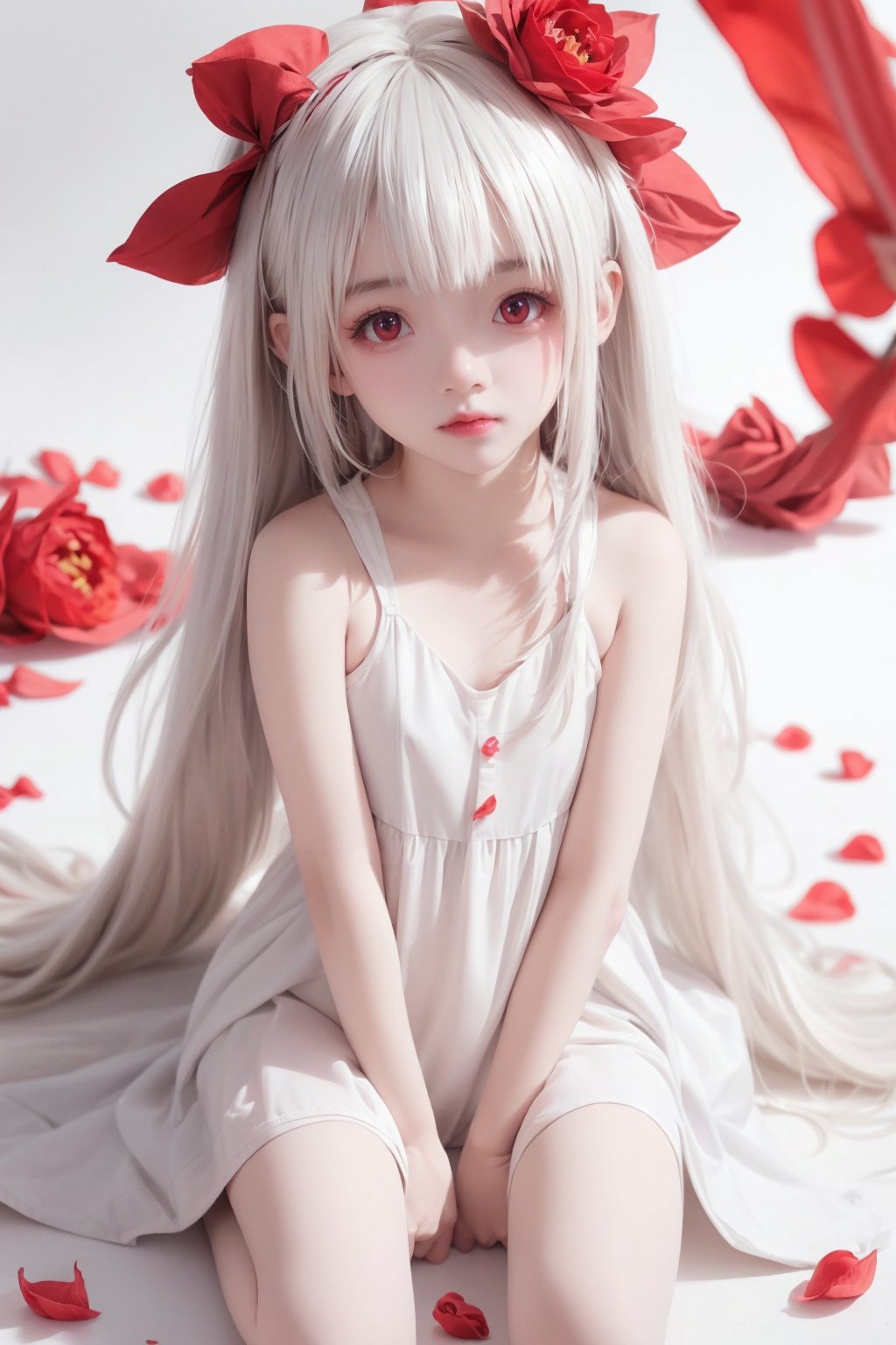 1girl,red eyes,white long translucent night gown,expressionless,(white hair),hair cover one eye,long hair,red hair flower,kneeling on lake,blood,(plenty of red petals:1.35),(white background:1.5),(English text).,(loli:1.5),(5yo:1.5),(very_long_hair,:1.3),chibi,