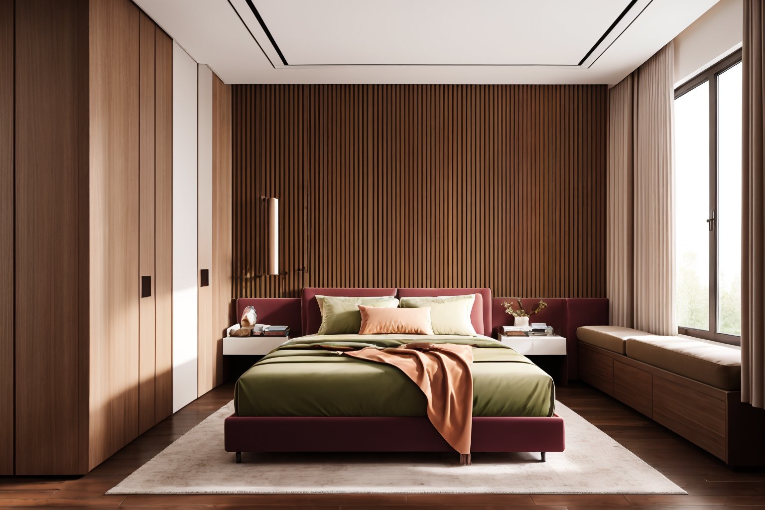 interior design,bed room,Chinese style,no humans,bed,scenery,indoors,pillow,window,bedroom,wooden floor,couch,curtains,book,chair,still life,<lora:中式卧室-2:0.6>,