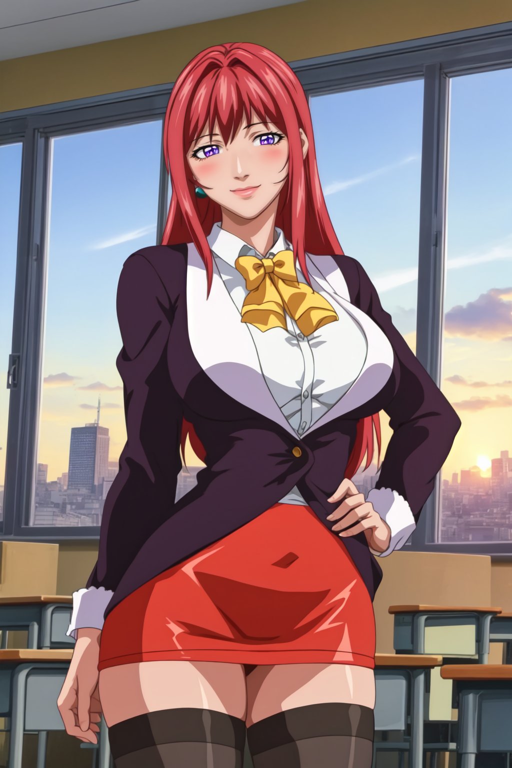 (high quality:1.2), intricate detailed, digital art,TakashiroHiroko, 1girl, mature female, solo, hand on hip, holding book, cowboy shot,looking at viewer, smile, blush,purple eyes, long hair, red hair, earrings, jewelry, teacher, blouse, bowtie, blazer, pencil skirt, thighhighs, curvy, large breasts,school, window, sky, sunlight, city, complex background, sunset,<lora:TakashiroHirokoV2:0.9>  <lora:bb-style:0.2>