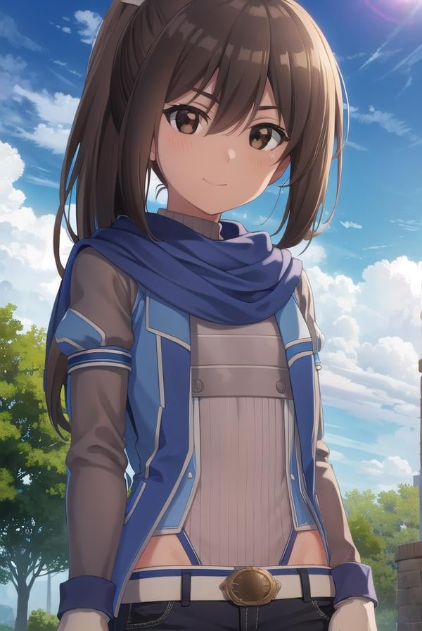 bofurisally, <lora:bofuri sally s2-lora-nochekaiser:1>, sally, long hair, brown hair, (brown eyes:1.5), ribbon, hair ribbon, ponytail, smile,BREAK gloves, shorts, scarf, blue scarf, shirt, white shirt, puffy sleeves, long sleeves, belt, denim shorts,BREAK outdoors, nature, forest, sun, sky, clouds, trees, grass,BREAK looking at viewer,BREAK <lyco:GoodHands-beta2:1>, (masterpiece:1.2), best quality, high resolution, unity 8k wallpaper, (illustration:0.8), (beautiful detailed eyes:1.6), extremely detailed face, perfect lighting, extremely detailed CG, (perfect hands, perfect anatomy),