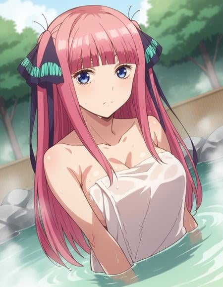 score_9, score_8_up, score_7_up, source_anime,ninonakano, <lora:nino-nakano-s1-ponyxl-lora-nochekaiser:1>,nino nakano, long hair, bangs, blue eyes, hair ornament, hair ribbon, pink hair, blunt bangs, two side up, butterfly hair ornament, mature female,nude, naked, outdoors, onsen, towel, naked towel, steam, bathing, nude cover, partially submerged, water, bath, steam censor, wet towel,looking at viewer, cowboy shot, dutch angle, solo,