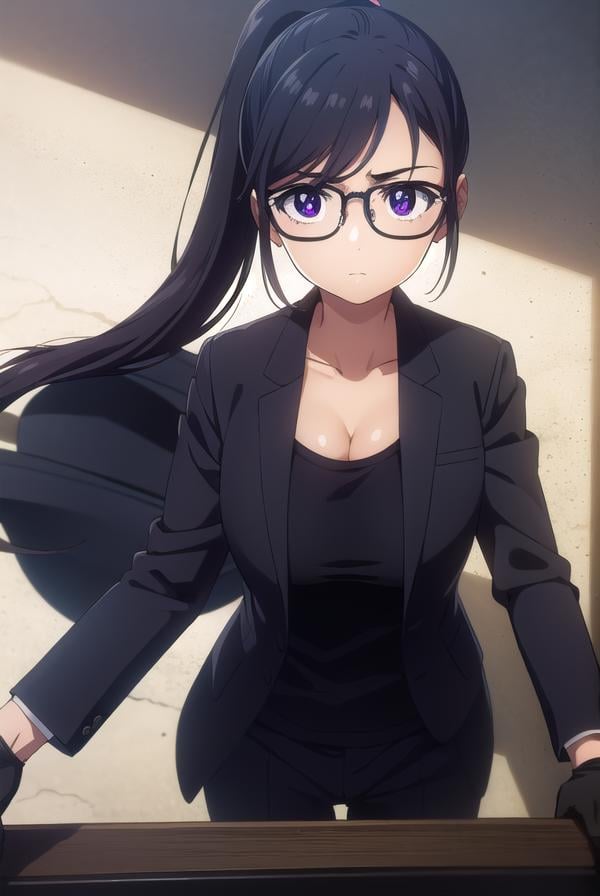 hizuruminakata, <lora:hizuru minakata s1-lora-nochekaiser:1>,hizuru minakata, long hair, black hair, glasses, (purple eyes:1.1), black-framed eyewear,BREAK ponytail, shirt, gloves, cleavage, collarbone, jacket, black gloves, pants, black jacket, black shirt, black pants, formal, suit,BREAK outdoors,BREAK looking at viewer,BREAK <lyco:GoodHands-beta2:1>, (masterpiece:1.2), best quality, high resolution, unity 8k wallpaper, (illustration:0.8), (beautiful detailed eyes:1.6), extremely detailed face, perfect lighting, extremely detailed CG, (perfect hands, perfect anatomy),