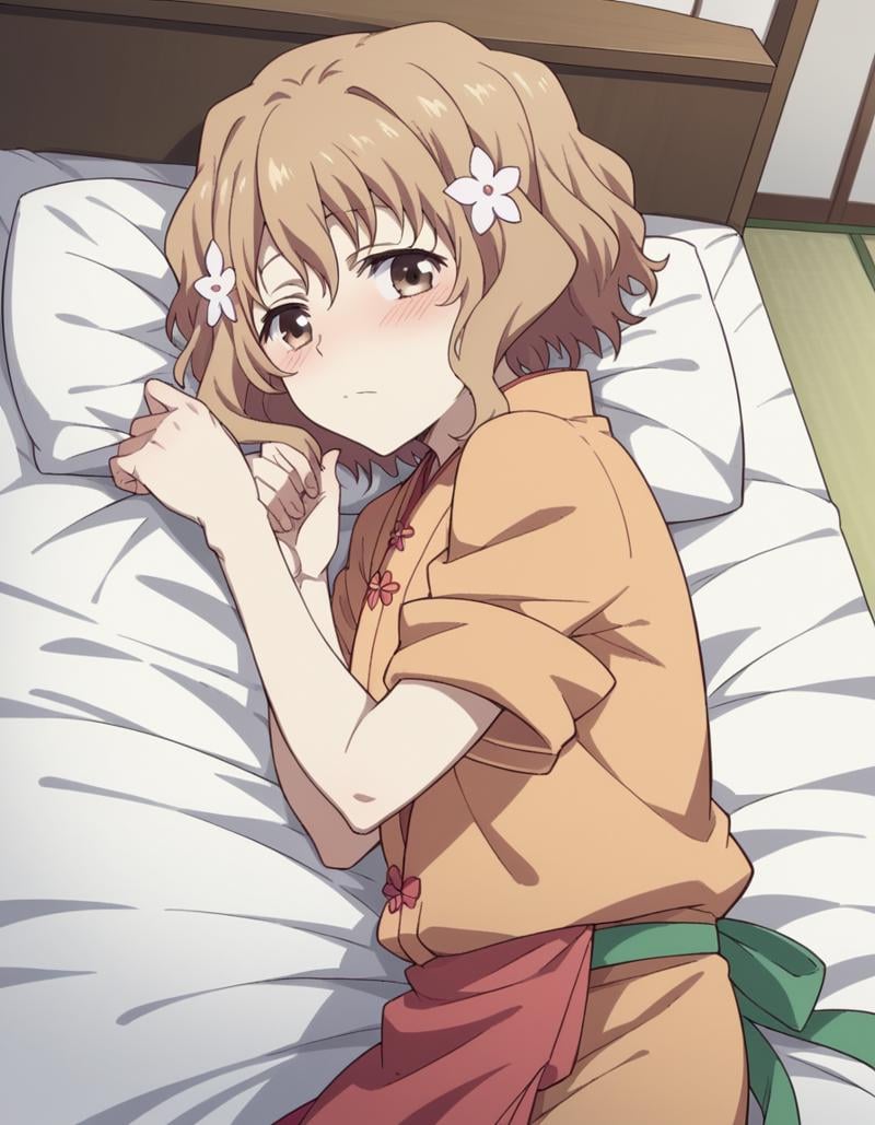 score_9, score_8_up, score_7_up, source_anime,ohanamatsumae, <lora:ohana-matsumae-s1-ponyxl-lora-nochekaiser:1>,ohana matsumae, short hair, brown hair, hair ornament, brown eyes, flower, hair flower,japanese clothes, kimono, apron, sleeves rolled up,indoors, bed, bed room, on side, blush, drunk,looking at viewer, cowboy shot, solo, dutch angle,