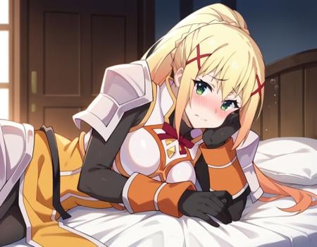 score_9, score_8_up, score_7_up, source_anime,lalatinadustinessford, <lora:lalatina-dustiness-ford-s2-ponyxl-lora-nochekaiser:1>,darkness \(konosuba\), long hair, green eyes, blonde hair, hair ornament, ponytail, braid, x hair ornament,gloves, armor, bodysuit, shoulder armor, armored dress,indoors, bed, bed room, on side, blush, drunk,looking at viewer, dutch angle, cowboy shot,