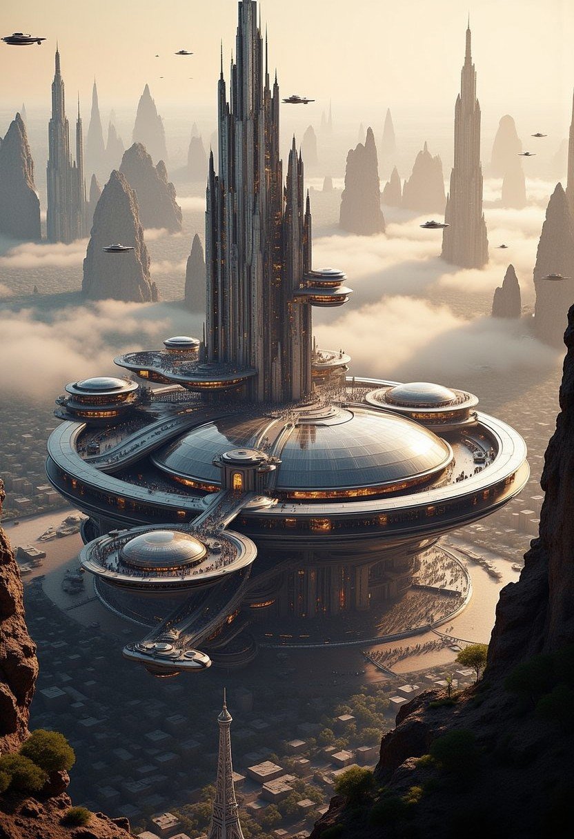 A new type of flying ship for sightseeing in the city of the future, Residents live in a sizable number of glass bubble capsules,The alien colonial cities of the future look like towering ant nests built in Halfway underground in the Grand Canyon, glass dome, communications spire landmark, aircraft terminal, aerial mass transportation,((The steel tower in the imperial capital of Star Wars, the Rubik's Cube and Golden Tower of the corporate headquarters in Blade Runner, The floating kingdom of Hayao Miyazaki's Castle in the Sky, the catacombs of Paris are full of skulls, Famous British architect Dream Detective)),(futuristic:1.2), a huge military factory made of steel, glass, fog, sun, in the clouds, , futuristic military planes, moody tones, (real landscape:1.1), (blurred background:1.0), [buildings|vehicle|Crowd|buildings|trees|buildings|trees|vehicle|Crowd:0.7], (background, more_details:0.3) great lighting, futureurbanday