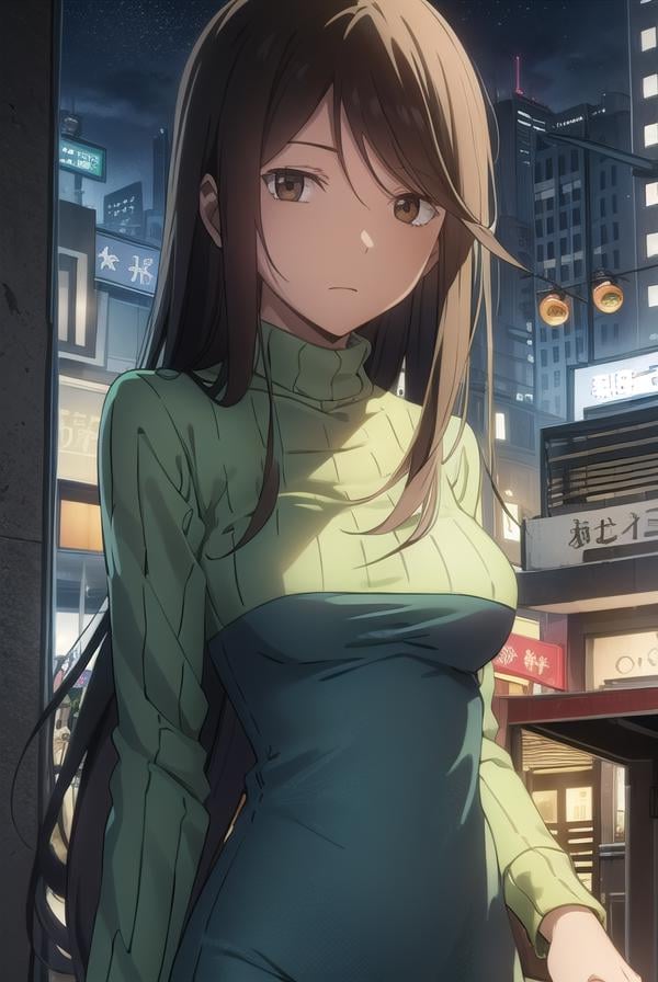 namieyagiri, <lora:namie yagiri s1-lora-nochekaiser:1>,namie yagiri, long hair, black hair, (brown eyes:1.3), (swept bangs:1.5),BREAK sweater, turtleneck, green sweater,BREAK outdoors, city, night, sky, starry sky, moon,BREAK looking at viewer, (cowboy shot:1.5),BREAK <lyco:GoodHands-beta2:1>, (masterpiece:1.2), best quality, high resolution, unity 8k wallpaper, (illustration:0.8), (beautiful detailed eyes:1.6), extremely detailed face, perfect lighting, extremely detailed CG, (perfect hands, perfect anatomy),