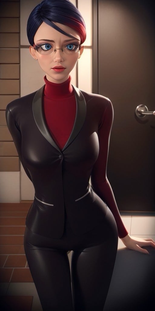 Hyperrealistic, photorealistic, super detailed, black hair with a streak on the left side that is dyed a red color, hair is pulled back into a bun with the hair on top, wrinkles under the eyes, glasses with black and red striped frames, pale blue eyeshadow, body like in real life, large pores, slender, pale skin, beautiful arms, medium breasts, unreal engine, octane render, droped shadow, bokeh, cinematic lighting, <lora:add_detail:0.5>, <lora:Volumetric_lighting:0.6>, Sancoeur, Nathalie, , <lora:23452684-03e9-4974-b01b-afc7ea555a43:0.7>