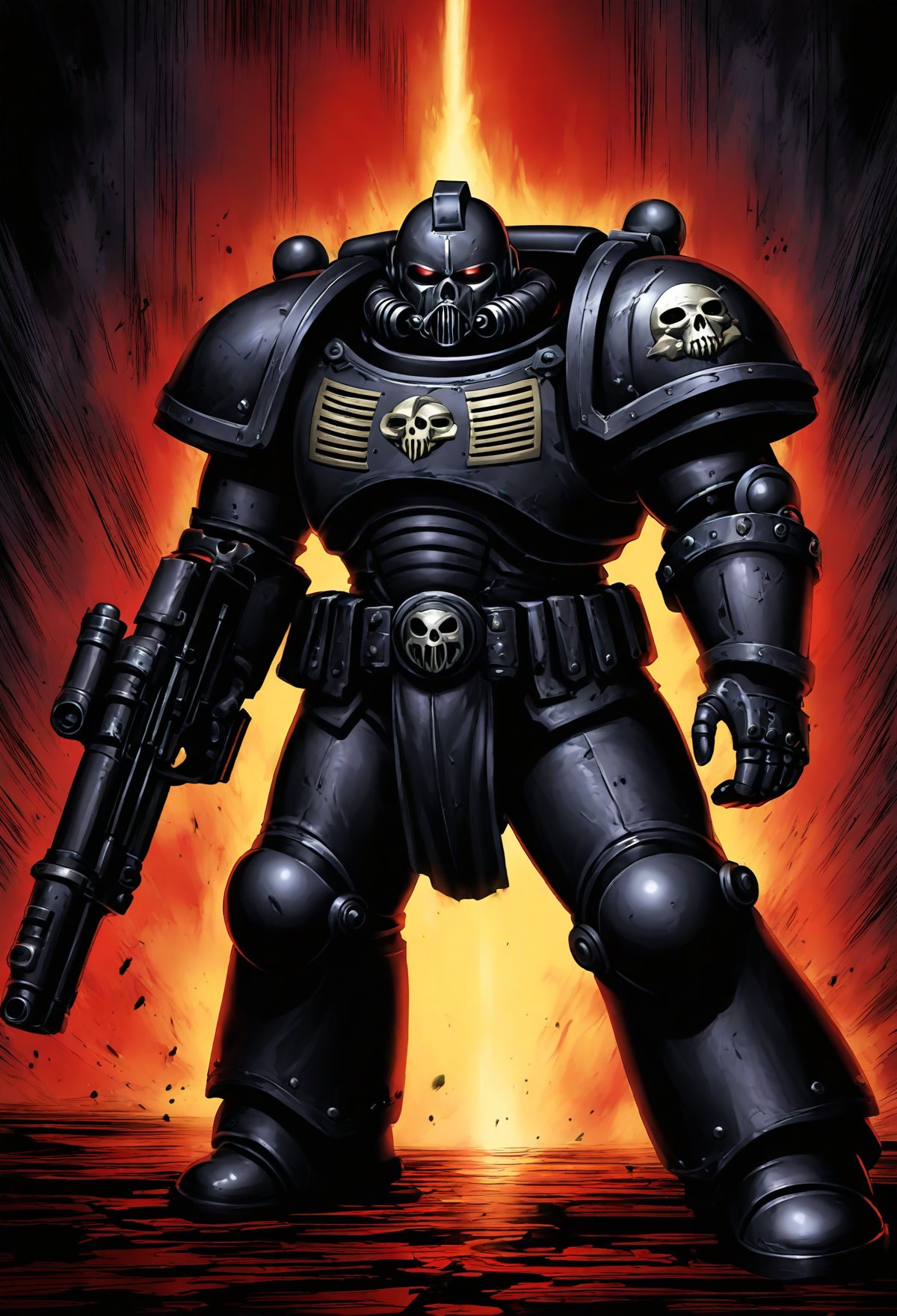 Anime Illustration, manga cover \(style\), Space Marine, Black Templars chapter, Warhammer 40K, solo, black Astartes power armor, bolter, holding weapon, holding gun,  dynamic composition, intense, bold lines, contrasting colors, expressive lines, gritty, grimdark, Aquila \(symbol\)