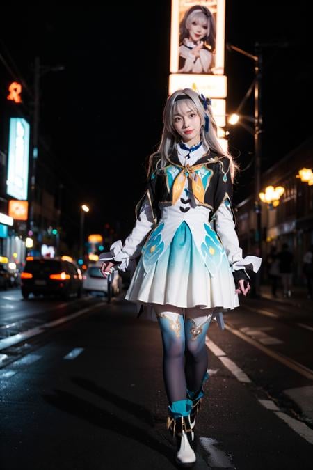 best quality,masterpiece,realistic,photorealistic,1girl,solo,smile,looking at viewer,standing,full body,arms at side,firefly cosplay costume,cosplay,long hair,white hair,dress,cropped jacket,capelet,shirt,skirt,long sleeves,frilled sleeves,bow,neckerchief,ribbon,fingerless gloves,hairband,hair bow,hair ornament,gradient legwear,gradient pantyhose,ankle boots,white boots,outdoors,night,neon lights,light,people,billboard,detail background,<lora:Honkai_StarRail_Firefly_costplay_costume_v1:0.7>,<lora:Background_Detail_v3:1>,<lora:background & distence control:-1>,