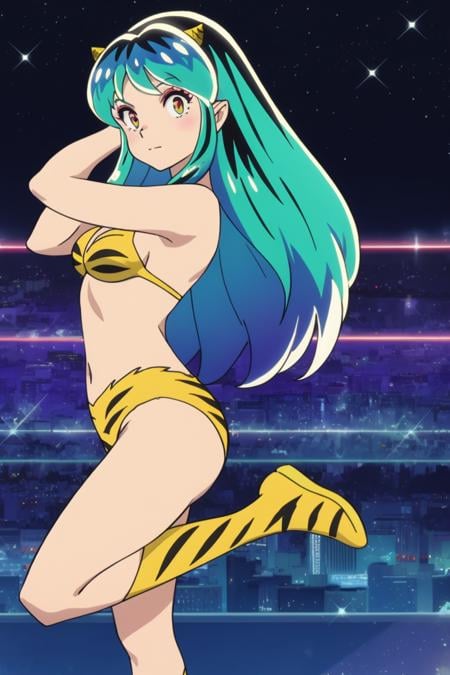 masterpiece, 8k,<lora:Urusei Yatsura lum:0.7> lum, oni horns, Lifting one leg while balancing on the other, Cabaret Club