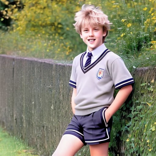 A young British schoolboy, with blond messy hair, in a traditional grey school uniform, with shorts and knee-high socks.  <lora:School Uniforms:0.85>
