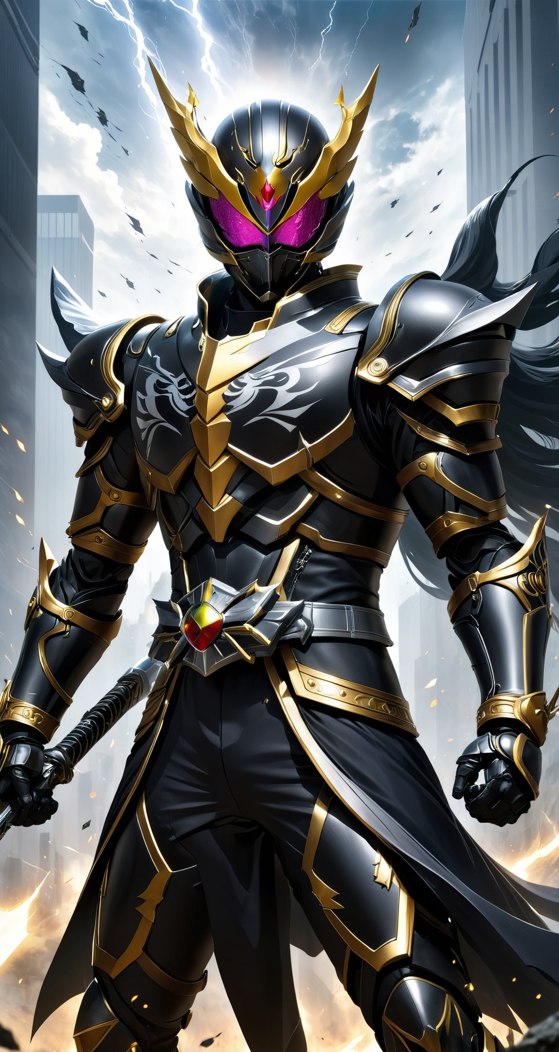 kamen rider style,Mysterious Warrior Kamen Knight, wearing dark armor and holding the Thunder Sword, the embodiment of justice, guarding the peace of the city. Brave and fearless, gallop on the battlefield, crack the evil plot, uncover the veil of truth.