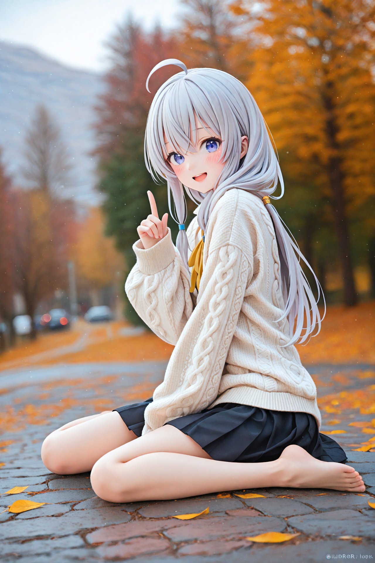 masterpiece,best quality,illustration,ultra detailed,hdr,Depth of field,(colorful),PVC Style,1girl,solo,elaina (majo no tabitabi),long hair,ahoge,barefoot,sitting,sweater,blue eyes,smile,looking at viewer,open mouth,long sleeves,wariza,aran sweater,cable knit,white sweater,grey hair,toes,index finger raised,feet,artist name,bare legs,legs,skirt,teeth,upper teeth only,black skirt,sleeves past wrists,between legs,hand between legs,blush,