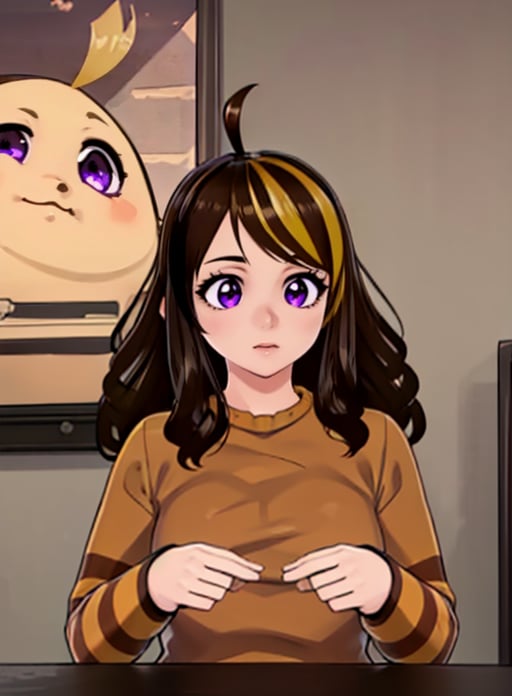 best quality, (masterpiece),(ultra-detailed), (high quality), (high resolution), <lora:kiarafey-10:0.7>, kiarafey, brown hair, long hair, multicolored hair, purple eyes, blonde hair, streaked hair, ahoge,striped, brown sweater, 