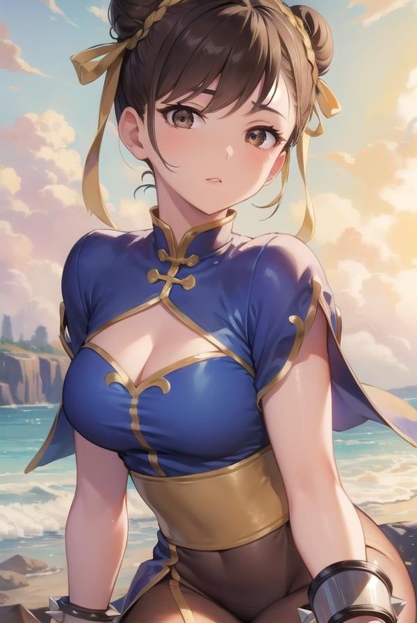 chunli, <lora:chun li v2-lora-nochekaiser:1>,chun li, (brown eyes:1.7), brown hair, (bun cover:1.5), double bun, eyeliner, hair bun, lipstick, makeup, pink lips,BREAK blue dress, boots, bracelet, brown pantyhose, china dress, chinese clothes, cross-laced footwear, dress, gold trim, jewelry, pantyhose, pelvic curtain, puffy sleeves, sash, short sleeves, side slit, spiked bracelet, spikes, white footwear,BREAK outdoors,BREAK looking at viewer, full body,BREAK <lyco:GoodHands-beta2:1>, (masterpiece:1.2), best quality, high resolution, unity 8k wallpaper, (illustration:0.8), (beautiful detailed eyes:1.6), extremely detailed face, perfect lighting, extremely detailed CG, (perfect hands, perfect anatomy),