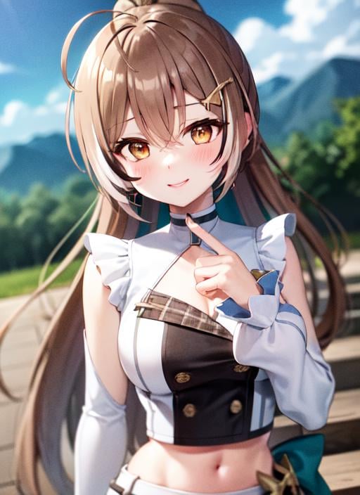 <lora:mumei1-000005:1.0>, mumeiidol, upper body, smile, blush, outdoors, day, simple background, blue sky, sky, temple, looking at viewer, stairs, mountain, moody lighting, facing viewer,