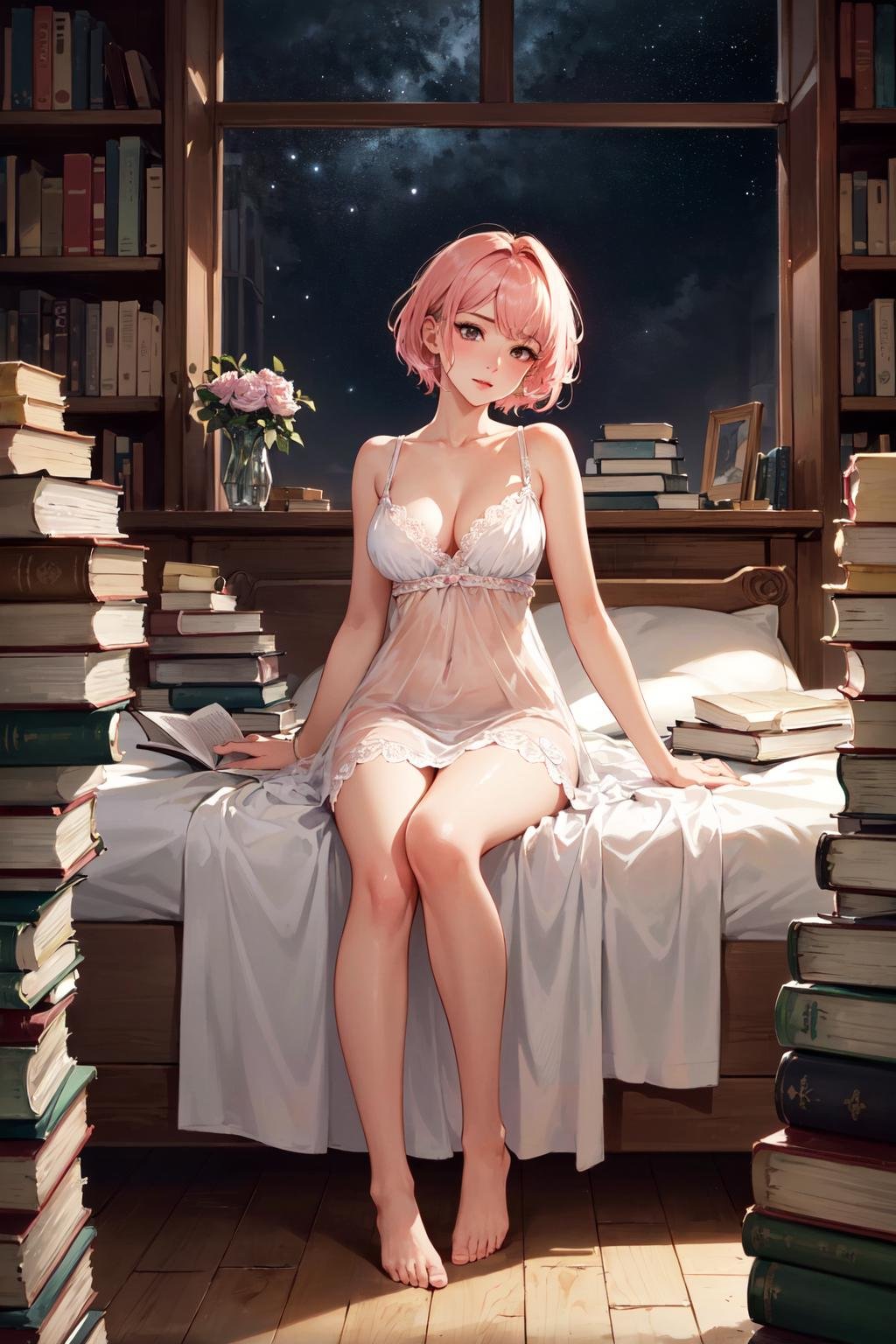 (masterpiece, best quality, hires, high resolution:1.2), (beautiful, aesthetic, perfect, delicate, intricate:1.2), (cute, adorable), (depth of field:1.2), (1girl, solo), (a sexy mature woman sitting on her bed), (sexy pink nightgown), (lace stockings), (colorful short hair), (natural breasts), (sitting:1.4), (stacks of books on the floor), (pile of books), (dark theme:1.4), (at night), (full body shot:1.4),