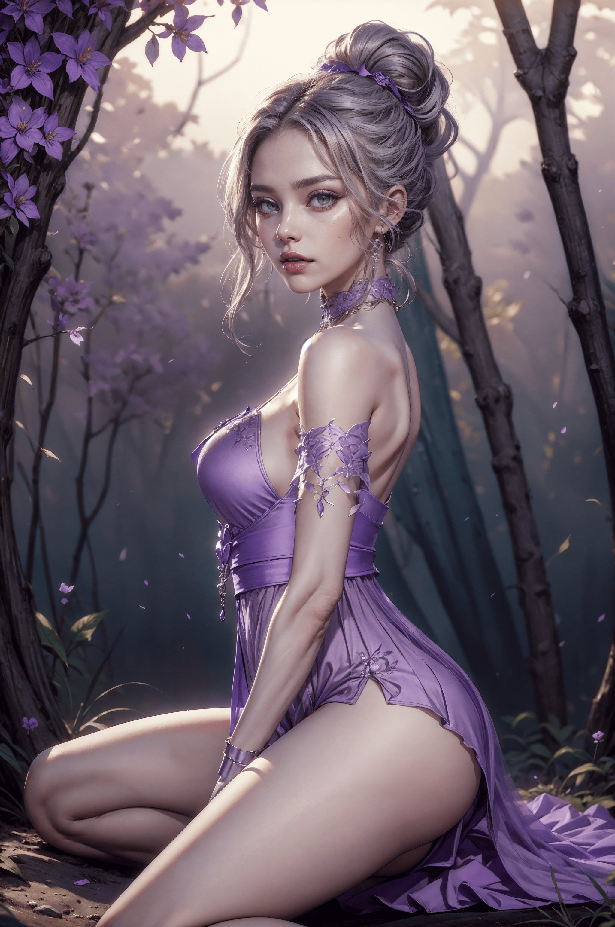 LAMageAdv, stunning woman wearing LAMageAdv, <lora:LAMageAdv:0.8>, (gray hair:1.2), high ponytail, BREAK, (front view:1.3),  (intricate details), (cinematic light, best quality Backlights), solo female, perfect body, sitting on flowers, flower bed, nature, (purple theme:1.5), (bright background, forest background:1.3, purple background:1.5), stretched arms, throwing flower petals, falling violet petals, ( shy:1.2), ((makeup)), BREAK, (masterpiece:1.4), (4k:1.2), (extreme resolution:1.2), (highly intricate:1.2), (studio quality:1.2), (extremely detailed:1.2), (beautiful and aesthetic:1.4)