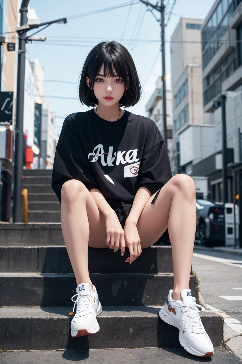 A girl sits on a step in fashionable clothes, akira style, Extremely colorful,by Russell Dongjun Lu, akira artstyle, trending on cgstation, inspired by Russell Dongjun Lu, She is seen wearing streetwear pieces, akira vibes, alexey egorov, in the style of akira, eye-catching detailed art style, Guviz, style of surrealism