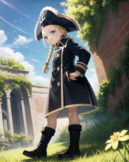 best quality, (masterpiece:1.2), illustration, absurdres,(1girl, solo), (beautiful detailed girl),<lora:Patty:1>, Patty Fleur, blonde hair, twin braids, blue eyes, young, child,pirate hat, pirate, coat, bootsfrom below,hands on hips, proud, confident, smile, looking at viewer,magical forest, flowers, ancient ruins, stone ruins, sky, clouds,,