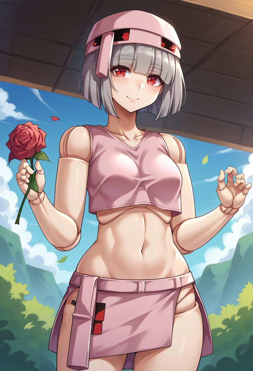 score_9,score_8_up,score_7_up BREAK 1girl,jeloirgo,solo,outdoors,holding rose,pink rose,grey hair,red eyes,doll joints,hat,crop top,short skirt,side slit,looking at viewer,happy,<lora:Iron_Golem-JeloXL:1>,