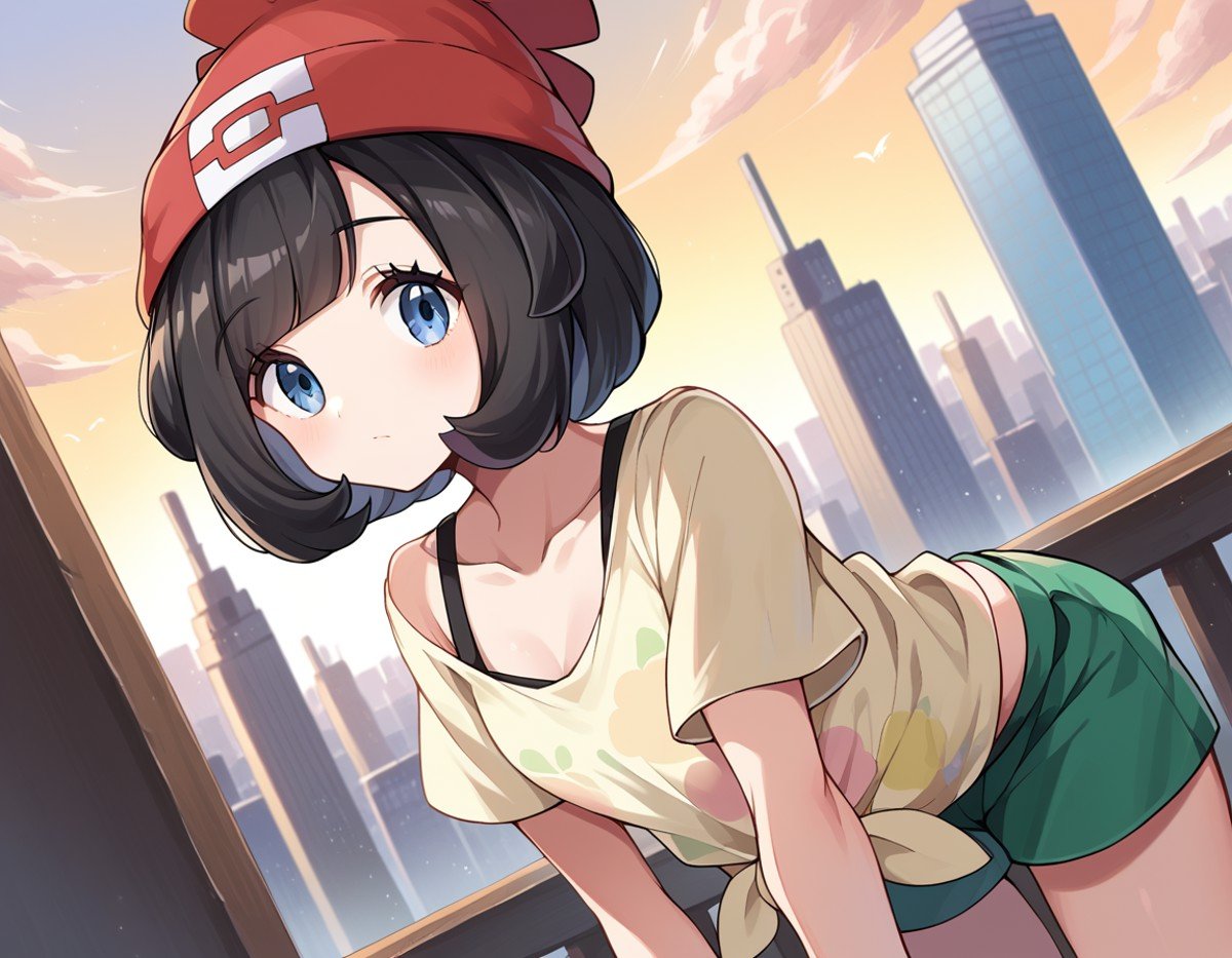 score_9, score_8_up, score_7_up, source_anime,pokemonselene, <lora:pokemon-selene-ponyxl-lora-nochekaiser:1>pokemonselene, black hair, blue eyes, short hair, bangs, blunt bangs,beanie, collarbone, green shorts, hat, red headwear, shirt, short sleeves, shorts, tied shirt, yellow shirt,outdoors, cityscape, bent over,looking at viewer, cowboy shot, dutch angle,