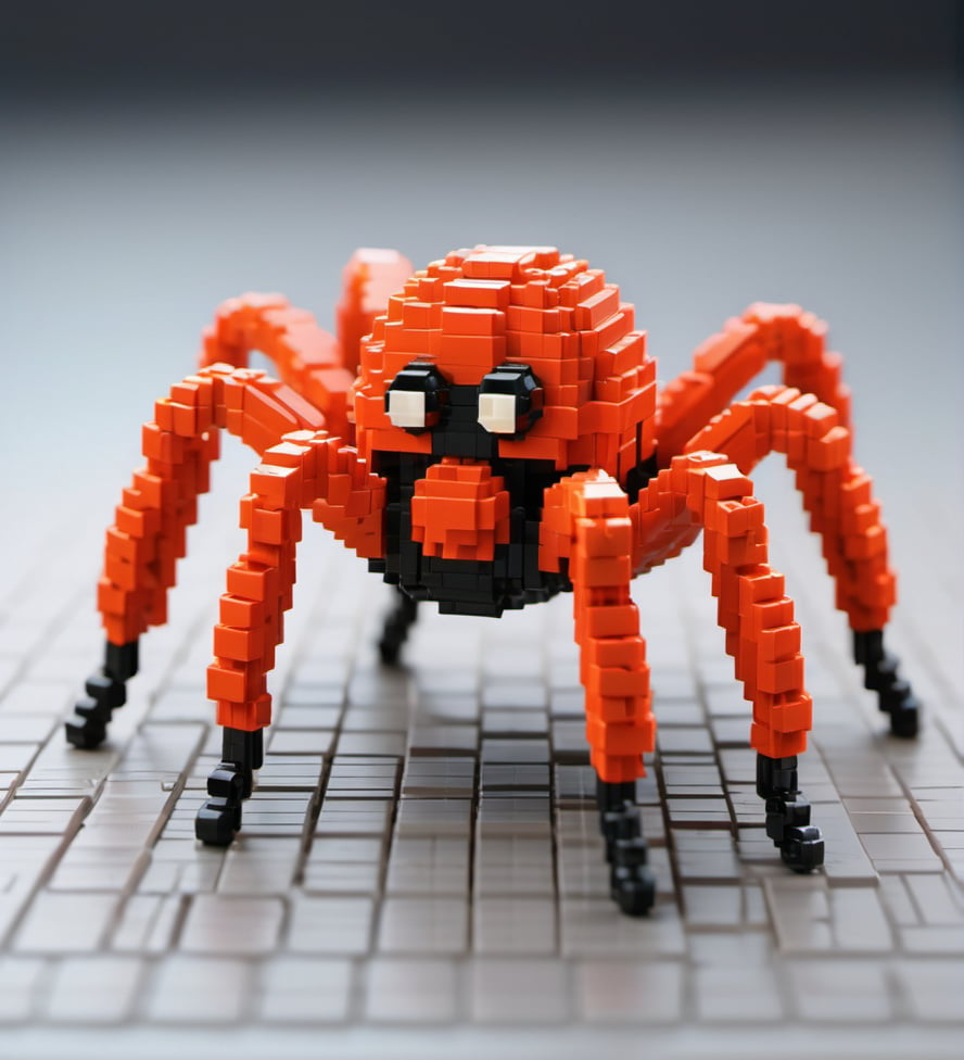 Lego pixel art,toy,3d model,detailed,playful,creativity,fine craftsmanship,childhood,hobby,indoor,studio lighting,<lora:微型像素-000009:0.6>,Spiders,