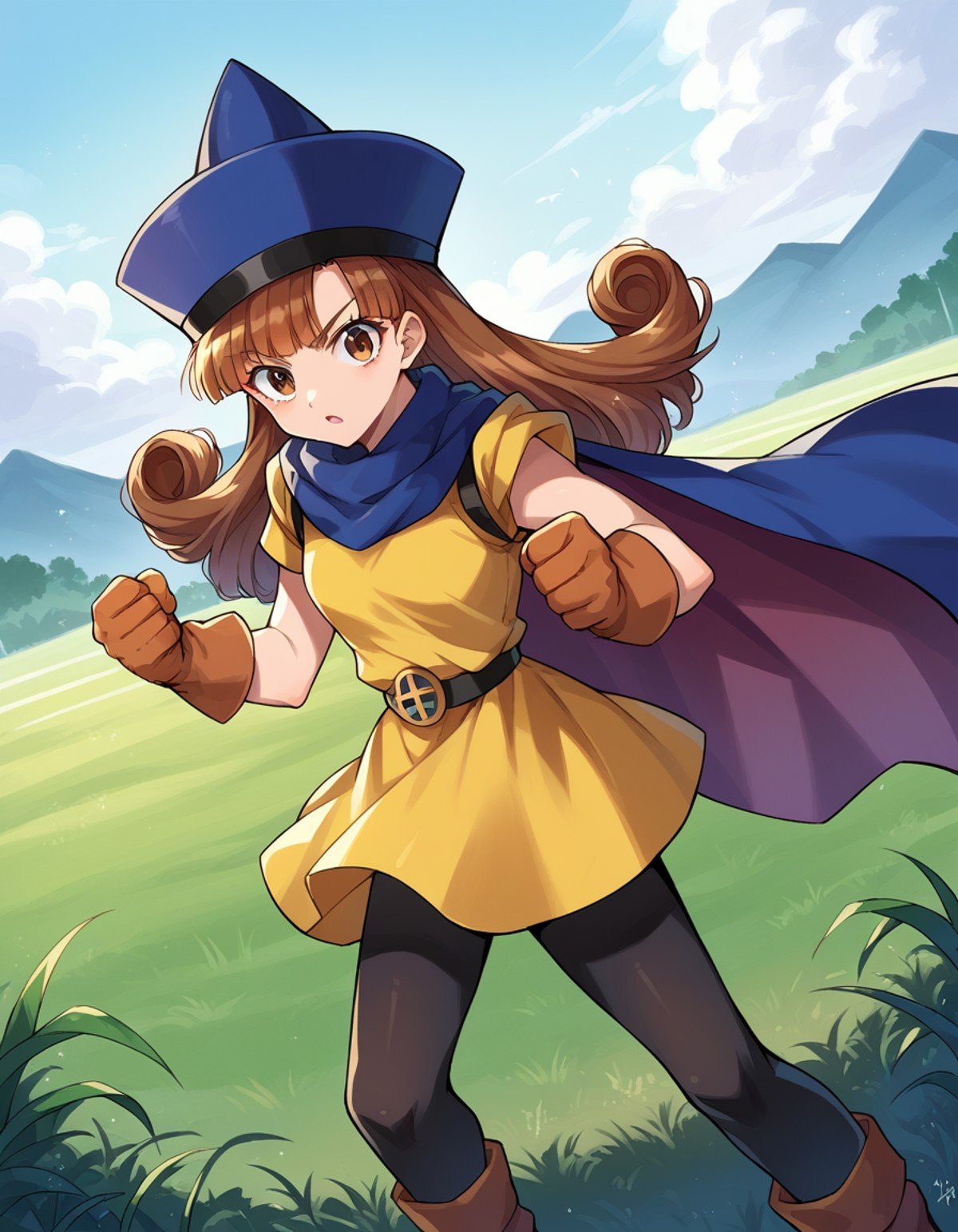 score_9, score_8_up, score_7_up, source_anime,dqalena, <lora:dq-alena-ponyxl-lora-nochekaiser:1>,alena, brown eyes, brown hair, curly hair, long hair,cape, dress, gloves, hat, pantyhose, yellow dress, scarf, short sleeves,outdoors, plains, grass, fighting stance,looking at viewer, dutch angle, cowboy shot,