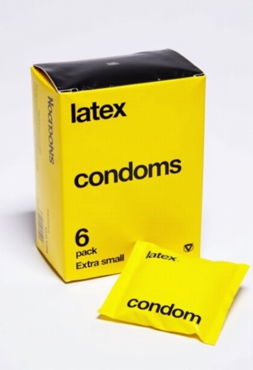 This is a photograph of a packaging box for condoms. The box is rectangular with a bright yellow background and a black border, displaying a minimalist design. The front of the box features prominent black bold text "latex", and "condoms" below in a slightly larger, bolder font. Below this, in smaller text, it reads "no name" in black. The dimensions are specified as Extra Small, and the brand name "6 Pack" is printed at the bottom right corner.  Next to the box is a condom in a yellow wrapper that says "condom" in black bold font. <lora:No_Name_Brand_Products_FLUX-000001:1>