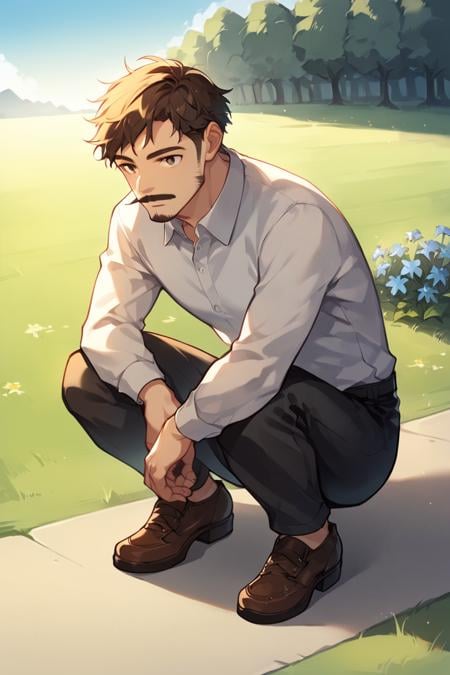 score_9, score_8_up, score_7_up, score_6_up, score_5_up, score_4_up, rating_safe, 1boy, solo, shirt, male focus, outdoors, flower, white shirt, shadow, squatting, facial hair, pants, collared shirt, black pants, grass, long sleeves, short hair, day, black hair, brown hair, blue flower, mustache, shoes, brown footwear, sky <lora:Anime Style LoRA XL:1>