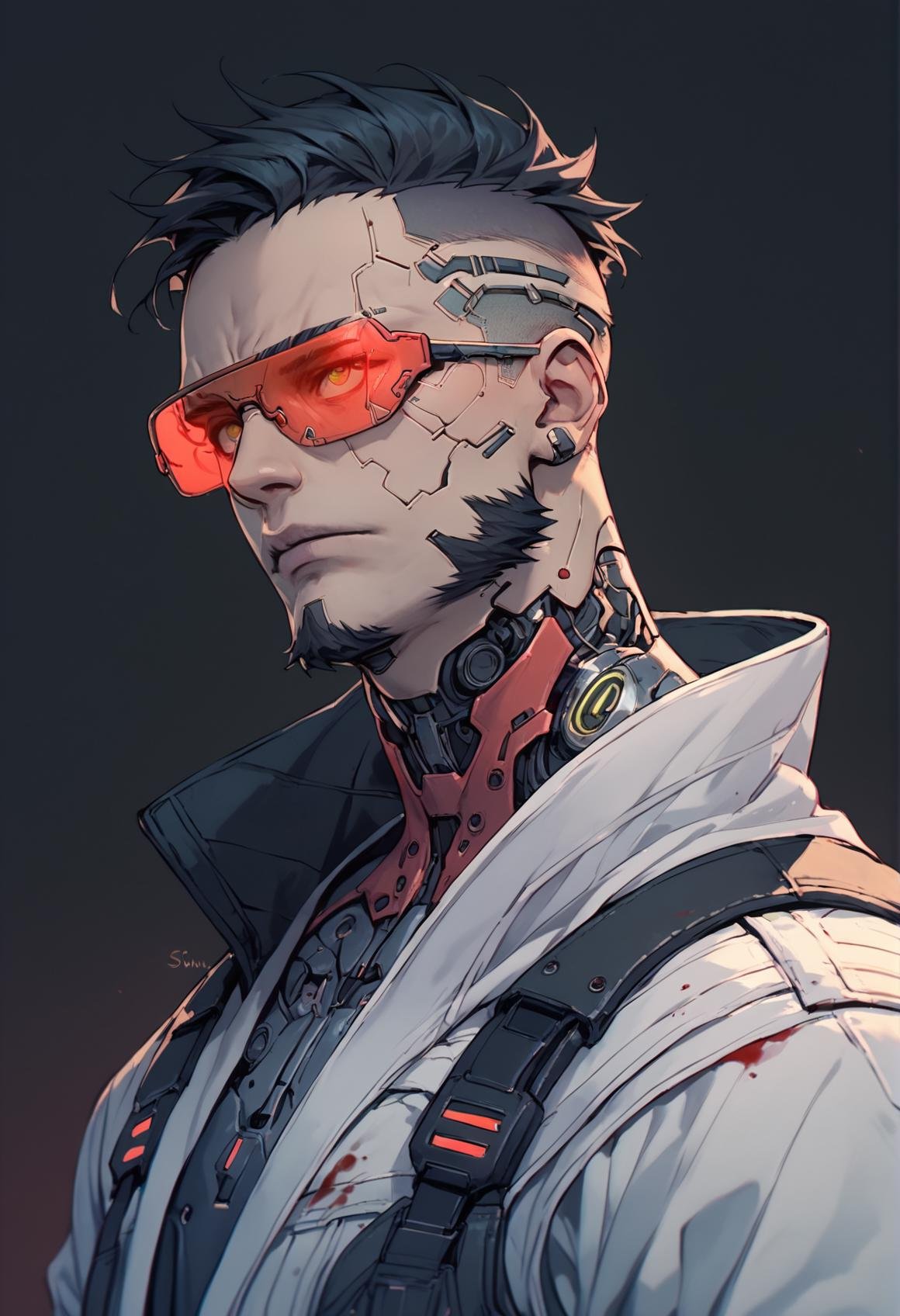 (score_9, score_8_up), score_7_up, zPDXL, 1boy, beard, visor, cyberpunk, metal glasses, red neon glasses, dark background, black hair, undercut, white kimono, upper body, blood on clothes, <lora:Sinozick_Style_XL_Pony:1>, sinozick style