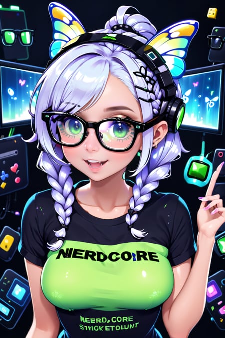 nerdcore, thick glasses, gaming rig, nerdcore t-shirt, 1girl, woman, Marigold sprite,butterfly wings, see-through gossamer, v-shaped eyebrows, bombshell hair, glowing platinum hair, Braided Crown,ponytail, medium breasts, wide hips, narrow waist, hourglass figure,skindentation, caucasian<lora:EnvyNerdcoreXL01:1>