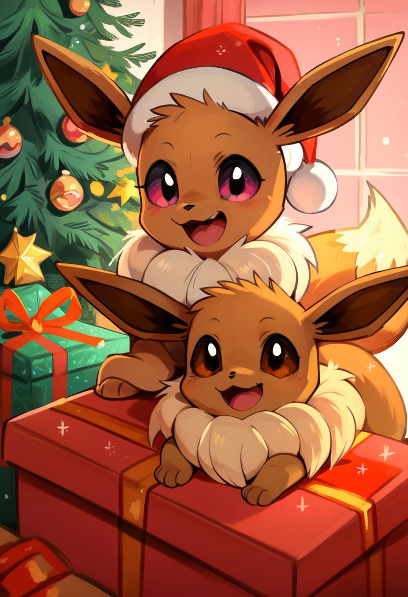 score_9, score_8_up, score_7_up, score_6_up, pokemon (creature), eevee, christmas hat, smile, happy, gift, christmas tree,