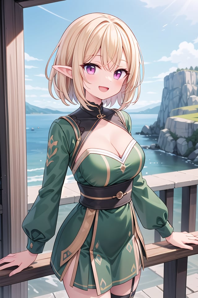 insanely detailed, absurdres, ultra-highres, ultra-detailed, best quality,1girl, solo, nice hands, perfect handsBREAKelf girl, (wearing green dress:1.2), (nsfw:-1.5), (navel:-1)BREAKhappy smile, laugh, open mouthBREAKstanding, cowboy shot, looking at viewerBREAKslender, kawaii, perfect symmetrical face, ultra cute girl, ultra cute face, ultra detailed eyes, ultra detailed hair, ultra cute, ultra beautifulBREAKOn the peak of a distant mountain, a gargantuan dragon from the ancient times roars, depth of field, ultra detailed backgroundBREAKlarge breasts, cleavage,BREAKblonde hair, medium hair, elf ear, pink eyes