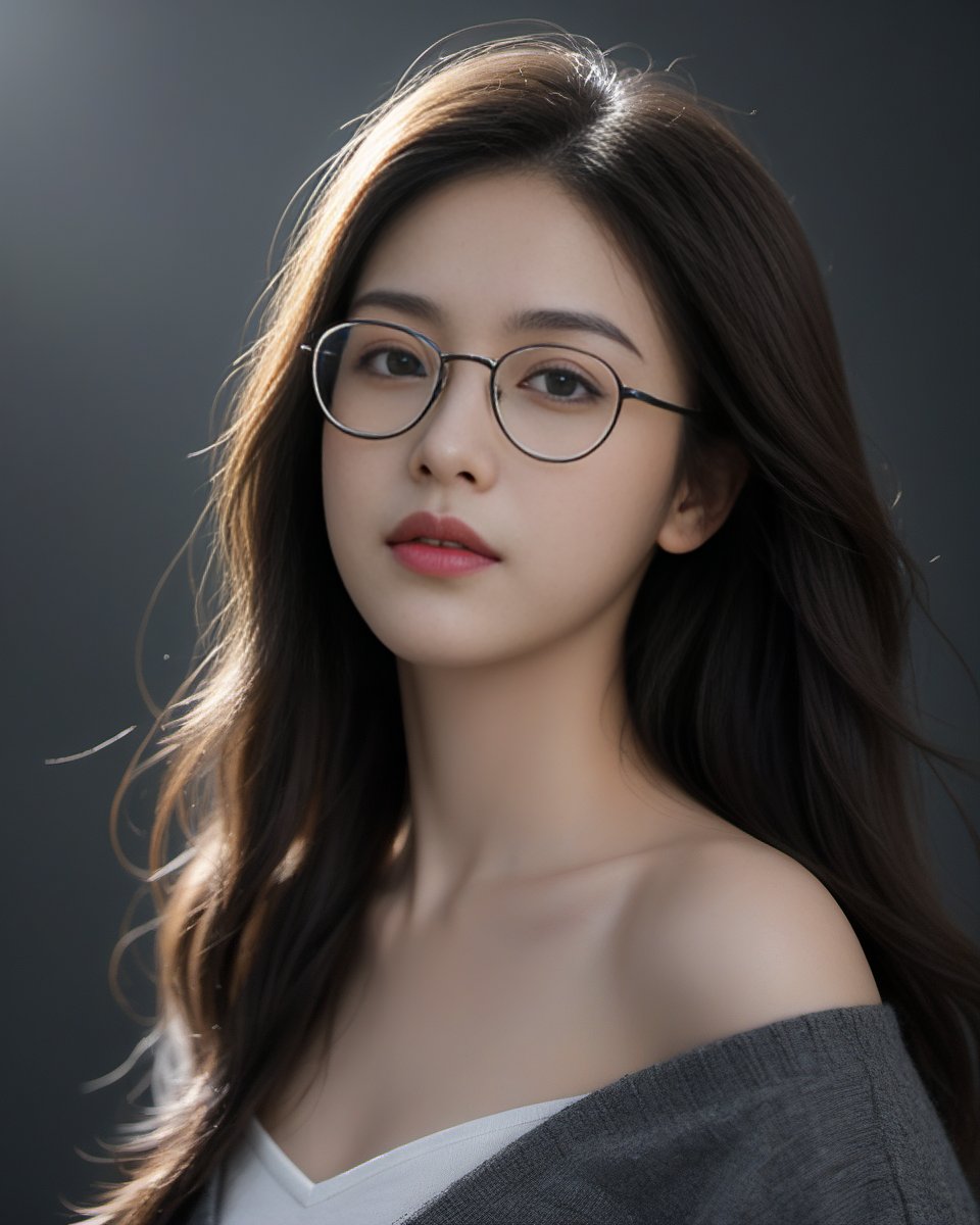 (disdain:1.5),(charming:1.5),Glasses,(Skin texture, skin particles:1.3),The corners of one's mouth turn upward,sexy,light_rays,narrowed eyes,Best quality,masterpiece,ultra high res,(photorealistic:1.4),1girl,offshoulder,in the dark,deep shadow,low key,(upper body:1.3),cloak,focus head,grey_background,