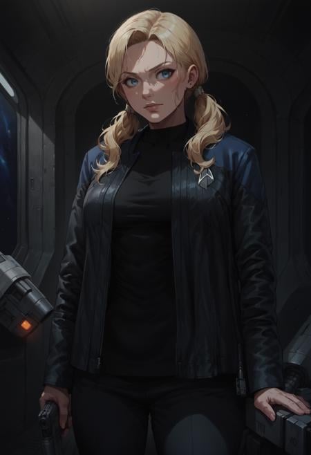 core_9, score_8_up, score_7_up ,score_6_up, 1girl,blonde hair,pigtails,modern haircut,space station interrior,machinery,metal walls,pcdjck,Star trek jacket,blue shoulders,black shirt,<lora:PicardJacketPony>