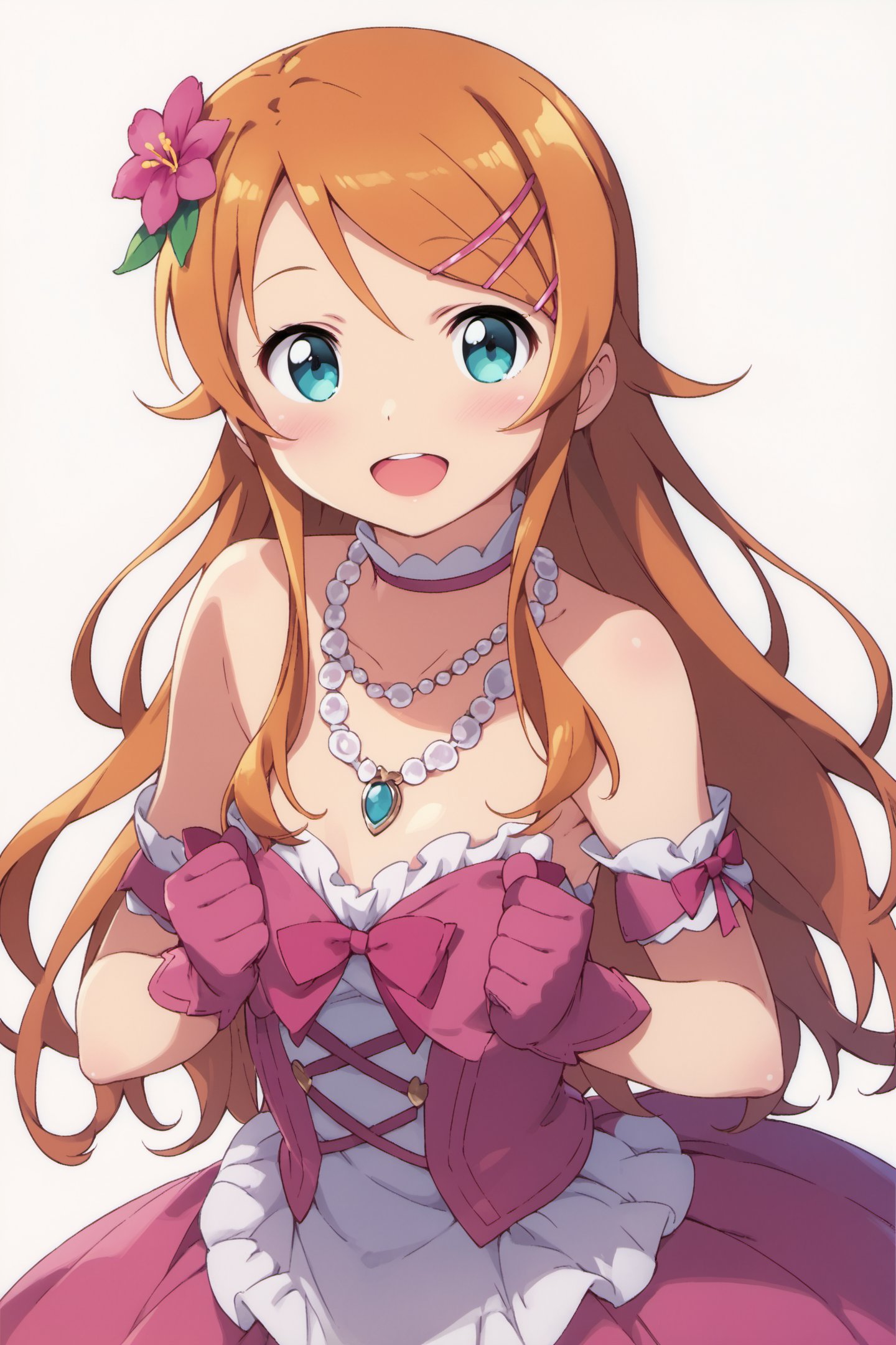 1girl,kousaka kirino,hair ornament,gloves,solo,flower,long hair,dress,open mouth,necklace,hairclip,blush,smile,jewelry,hair flower,orange hair,simple background,pink dress,bare shoulders,looking at viewer,white background,aqua eyes,pink gloves,frills,flower necklace,blue eyes,score_9,score_8_up,<lora:Kanzaki Hiro_XL_PONY:0.9>,