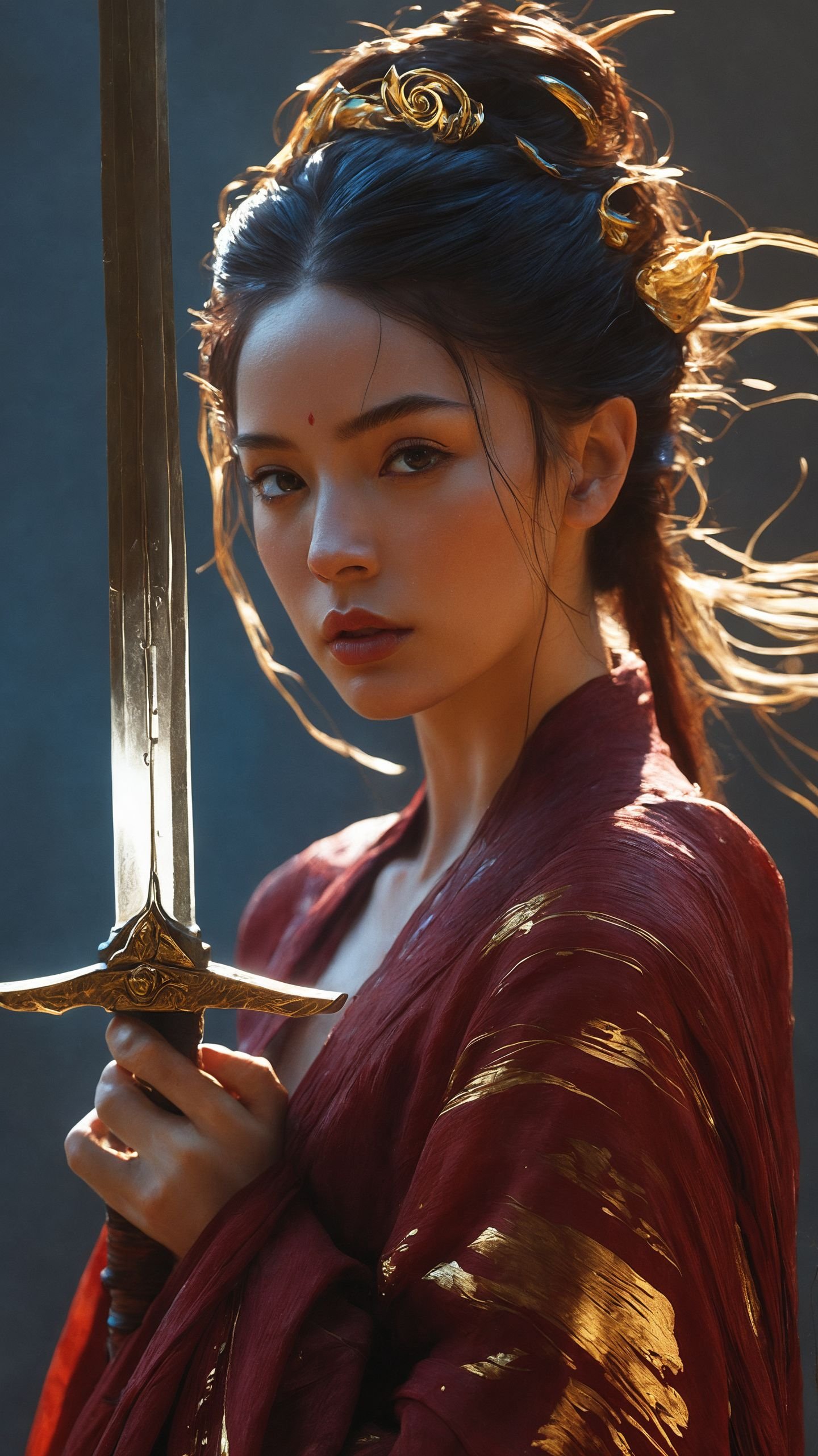 ultra high resolution,(((masterpiece))),(((best quality))),((super detailed)),((extremely delicate and beautiful)),cinematic light,detailed environment,(real),(1girl, solo:1.3),(holding sword:1.2),(dark red and light gold:1.3),(hair pulled back, floating hair:1.1),designed by greg manchess,smoke,a model woman,bright eyes,glossy lips,futuristic gold face war paint,trending on art station,photoreal,8 k,octane render by greg rutkowski,art by Carne Griffiths and Wadim Kashin,in the style of Dau-al-Set,Pollock,and inspired by MAPPA and Zdzislaw Beksinski,hanfu,