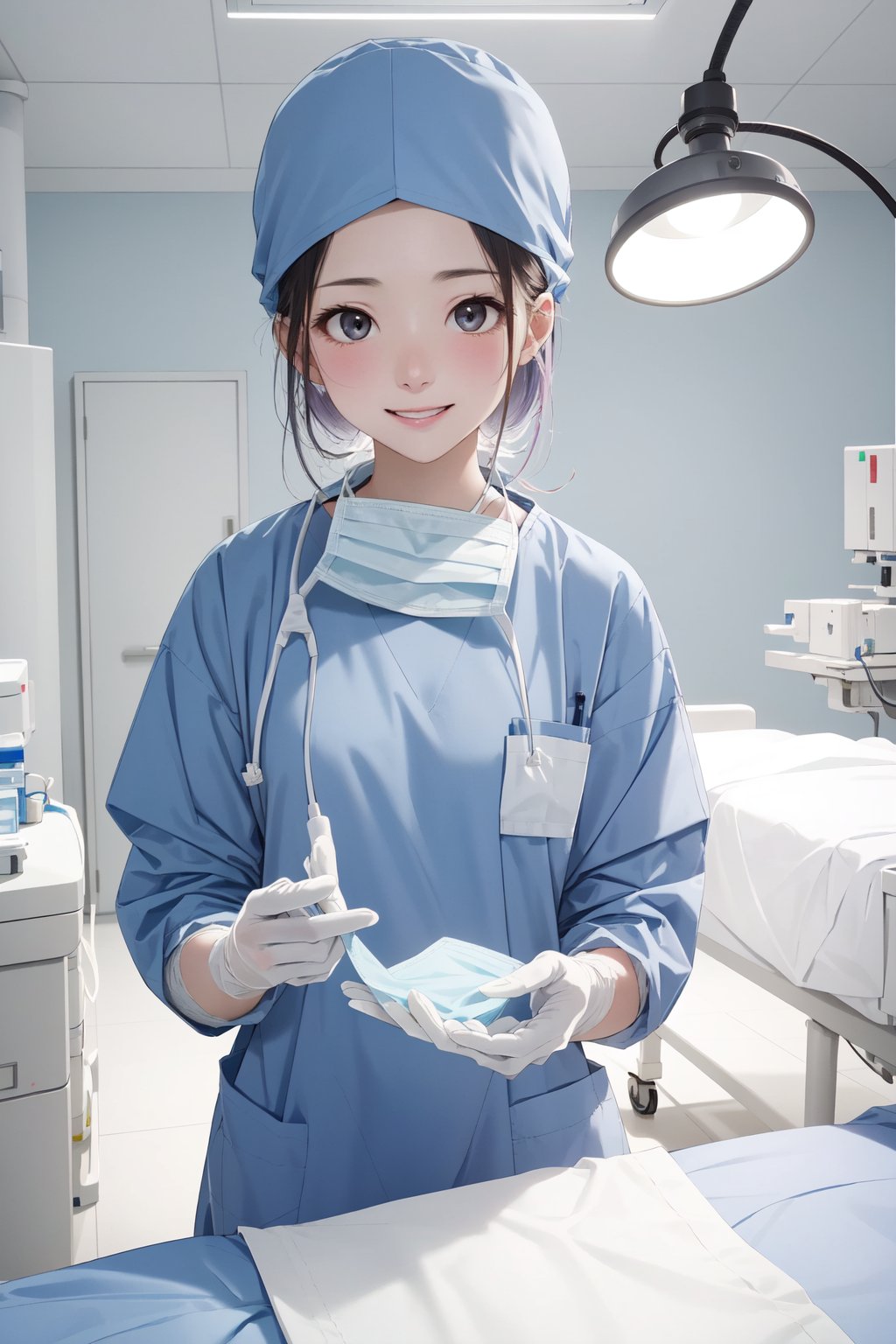 (RAW photo, best quality), 1girl, long sleeve surgical outfit, surgical mask,  surgical gloves, surgical cap,  operating room, overhead surgical light, light smile, <lora:concept_surgical_mask_open_v2_1:1> surgical_mask_open, completely_undone