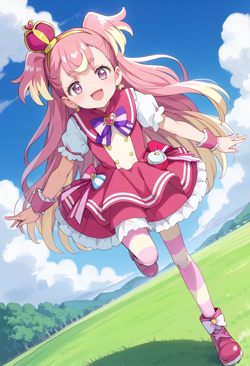 score_9, score_8_up, score_7_up, source_anime, BREAKcure wonderful, 1girl, solo, pink hair, smile, open mouth, multicolored hair, :d, striped legwear, gradient hair, outstretched arms, two-tone hair, looking at viewer, pink skirt, full body, cloud, day, wrist cuffs, blue sky, outdoors, grass, running, pink eyes, purple eyes, eyebrows visible through hair, pink footwear, spread arms, blonde hair, happy, floating hair, thighhighs, red skirt, pleated skirt, bangs, twintails, shiny hair, striped bow, bowtie, puffy short sleeves, standing on one leg, multicolored eyes, eyelashes, pink bow, mini crown, hair ornament, bowtie, white legwear, anime coloring, dutch angle, very long hair, ribbon, cloudy sky, multicolored clothes, purple neckwear, pink legwear, leg up, layered skirt, frills, shadow, miniskirt, blue eyes, sailor collar, yellow hairband, multicolored skirt, thick eyebrows, striped neckwear, blush, field, streaked hair, arm warmers, multicolored legwear, earrings, gradient, back bow, ankle boots, hair bow, tongue, pink dress, petticoat, dress bow, pouch, multicolored bow, heart brooch, short dress, striped pantyhose, striped clothes, yellow pantyhose, dot nose, tilted headwear, bright pupils, two side up, purple pantyhose, red dress, frilled dress<lora:cure_wonderful_inukai_komugi_sdxl_locon_pony_v1:0.7>