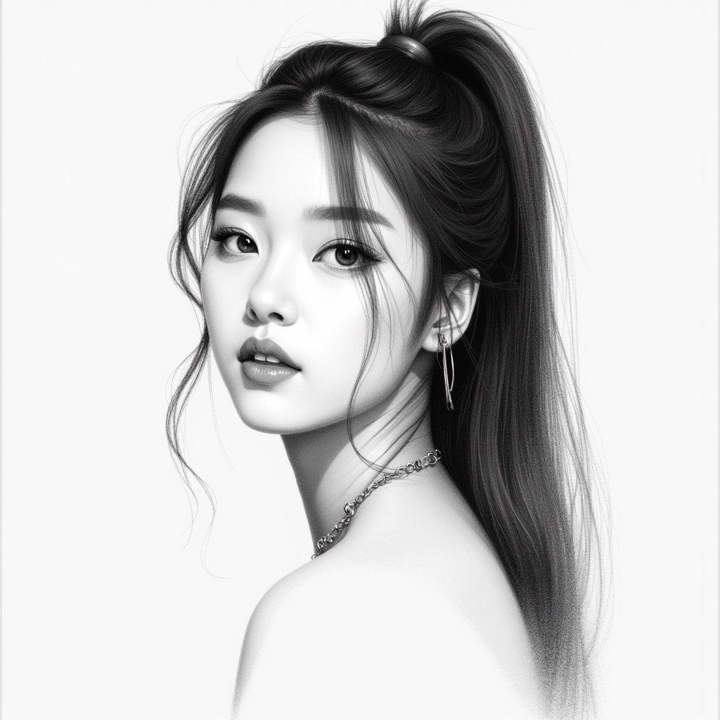 a drawing of a girl with long hair and a ponytail,portrait of female korean idol,wlop painting style,portrait jisoo blackpink,jung gi kim,realistic cute girl painting,realistic. cheng yi,pencil sketch,korean artist,girl sketch,a pencil sketch,realistic sketch,charcoal portrait,charcoal sketch,portrait drawing,semi realism,portrait study,face sketch,painting on grey scale face,pencil painting,pencil illustration,realistic graphite,kim jung-gi,realistic face and anatomy,portrait anime girl,graphite,rough charcoal sketch,*** liu,kawaii realistic portrait,pencil drawing,face study,realistic anime face,detailed charcoal sketch,