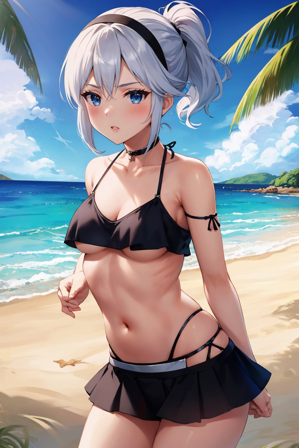 masterpiece, best quality, 1girl,  <lora:adelle-nvwls-v1-000009:1> adelle, short ponytail, white hair, black hairband, black bikini, underboob, medium breasts, midriff, collarbone, beach, blush, parted lips, cleavage