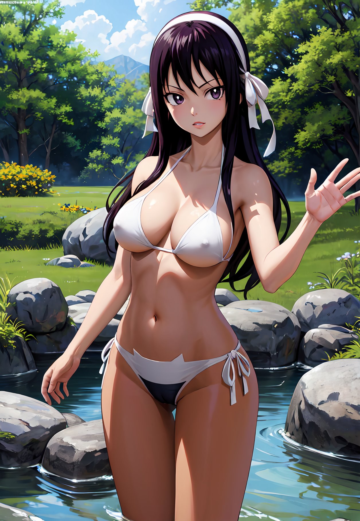 masterpiece, best quality, very aesthetic, ultra detailed, intricate details, 4k, anime style,MilkovichAi, 1girl, solo, black hair, purple eyes, hair ribbon, white hairband, hairband, long hair, breasts, large breasts,bikini, black bikini, side-tie bikini bottom, lace trim, lace, cameltoe, covered nipples, stomach, navel, ultear milkovich, fairy tail, bare shoulders, bare arms, nude, naked,upper body, looking at viewer, waving, waving arms, forest, outdoors, tree, sunlight, cloudy, <lora:Milkovich:1>