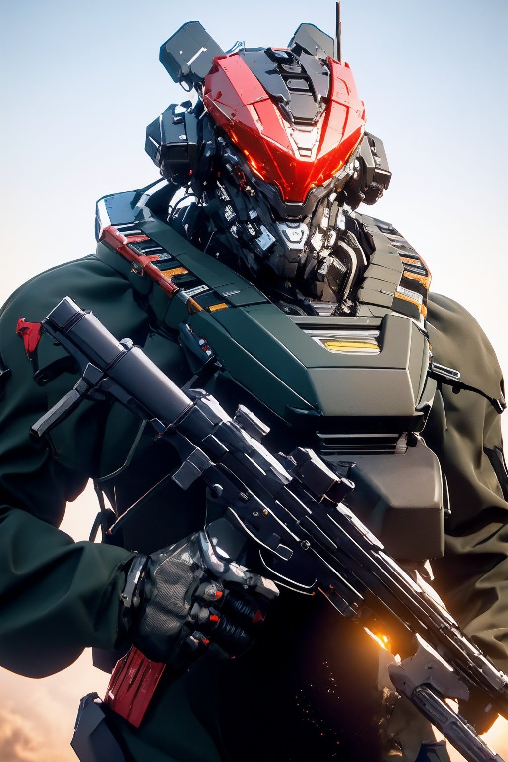 <lora:AgainRealistic_v2.0:1>,AgainRealistic_v2.0, weapon, gun, solo, red robot, holding, holding weapon, science fiction, humanoid robot, holding gun, rifle, armor, assault rifle, upper body, no humans, mecha, male focus, trigger discipline, simple background, 1boy, 1other, glowing, power armor