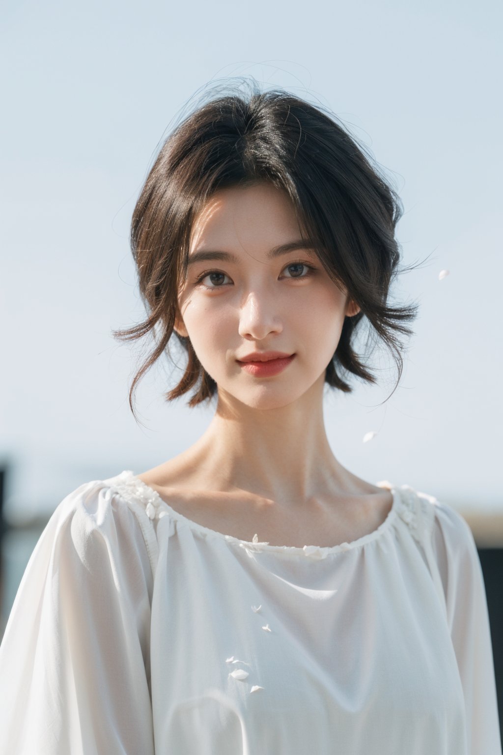 extremely detailed,realistic,1girl,looking at viewer,side,beauty,floating petals,blurry background,HYD,Split Lighting,deep shadow,cowboy shot,white dress,floating petals,Kpop_idol face,short hair,jitome,calm smile,