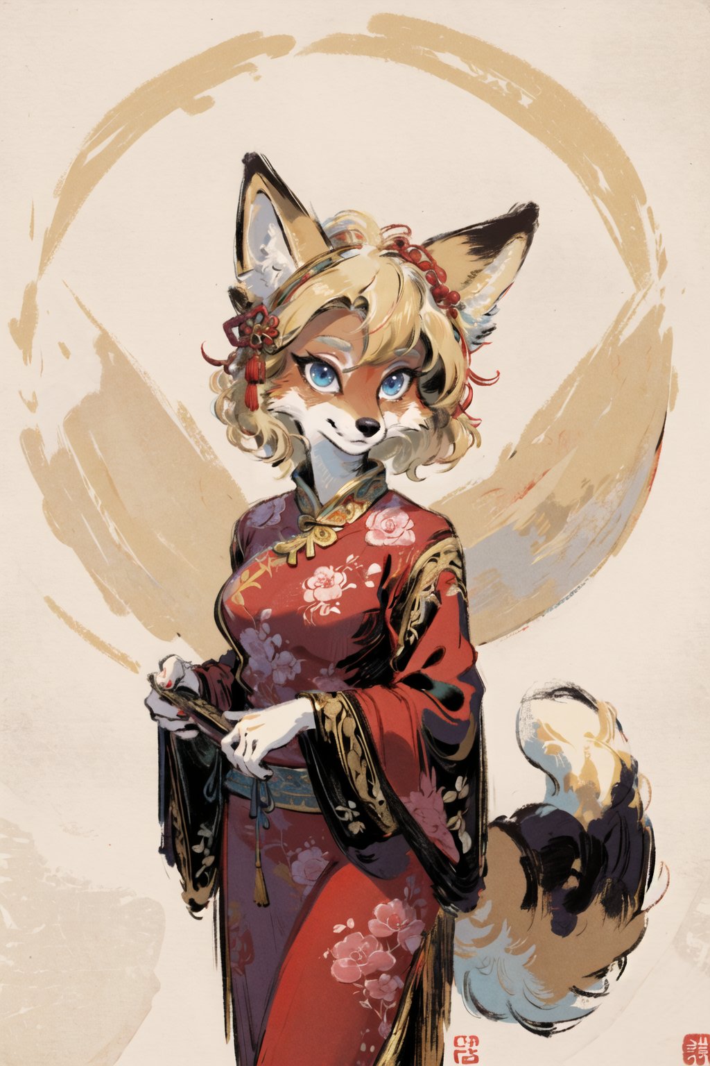 masterpiece,highres,furry fox girl,solo,blonde,chinese dress, hair ornament, anicent chinalooking at viewer, 