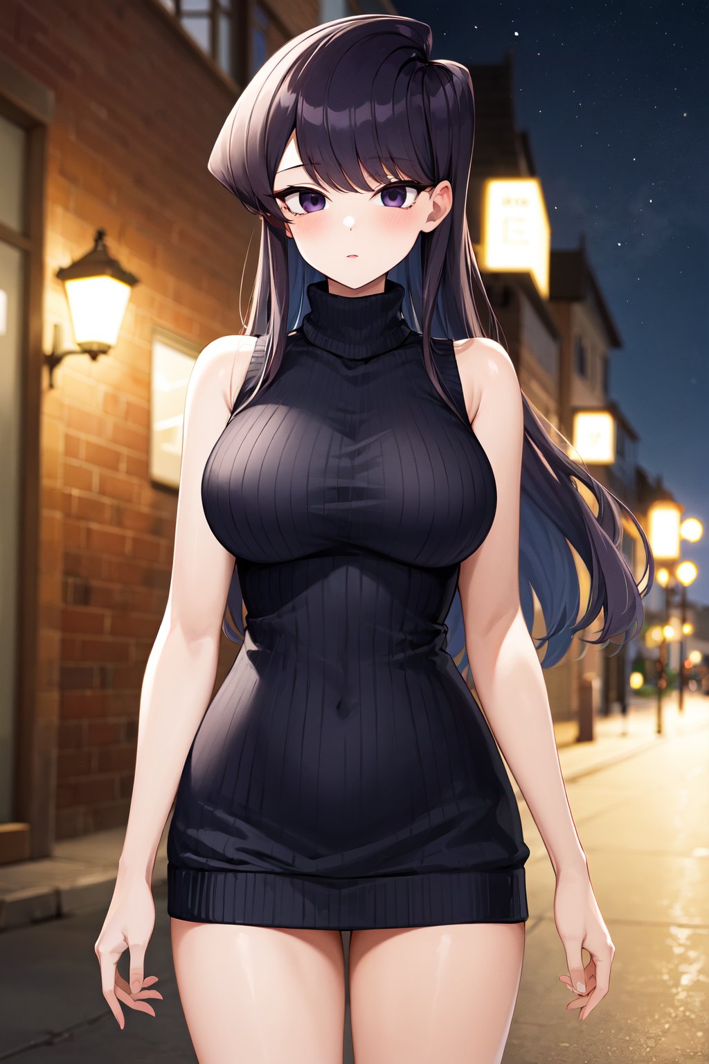 masterpiece, best quality, highres, aashouko, long hair, breasts, <lora:komi_shouko_v1:0.7>, sweater dress, ribbed sweater, sleeveless, night, standing, cowboy shot, street