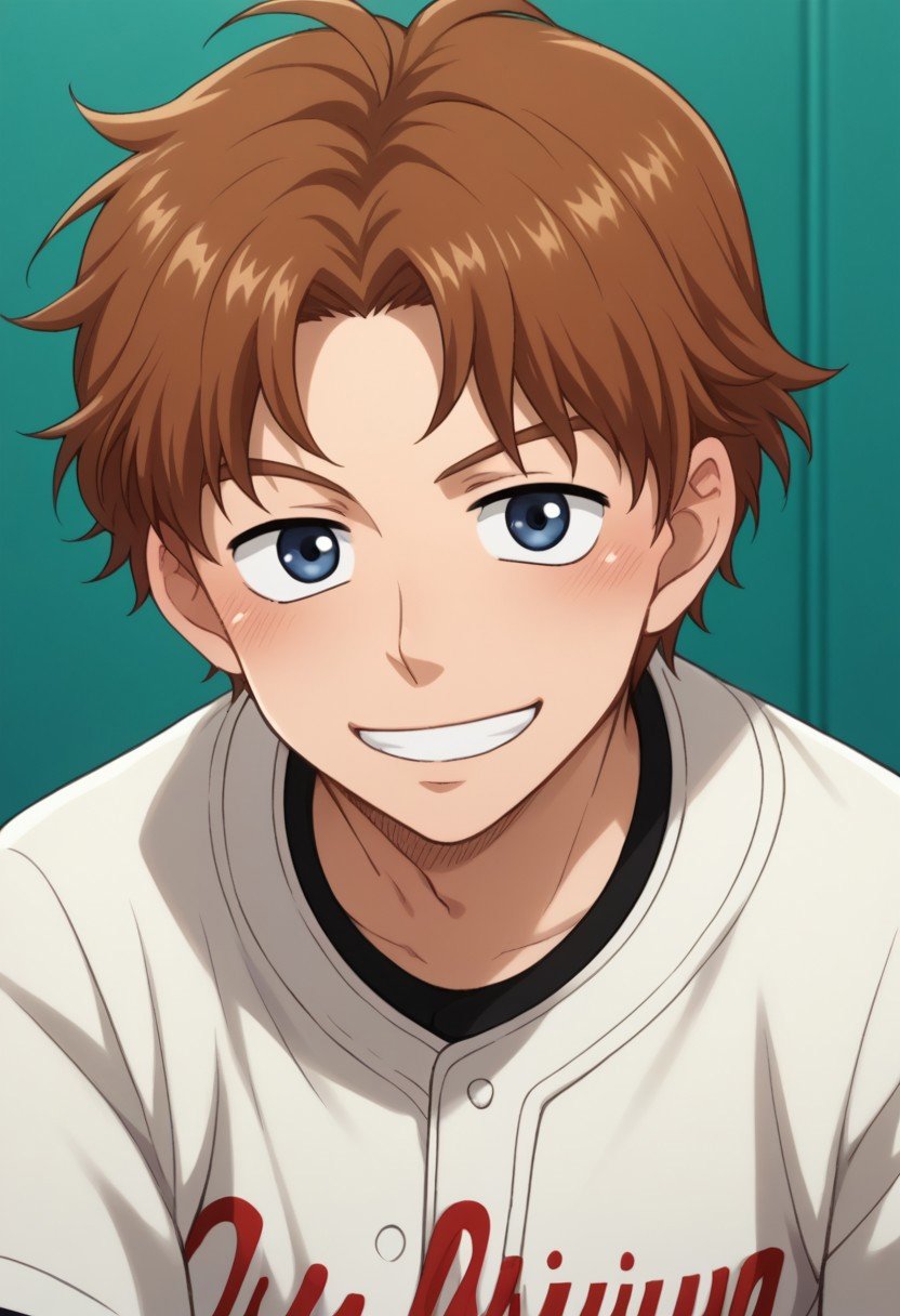 score_9, score_8_up, score_7_up, source_anime, highly detailed, fumiki, male focus, 1boy, brown hair, smile, solo, baseball uniform, sportswear, blush, blue eyes, looking at viewer,grin,