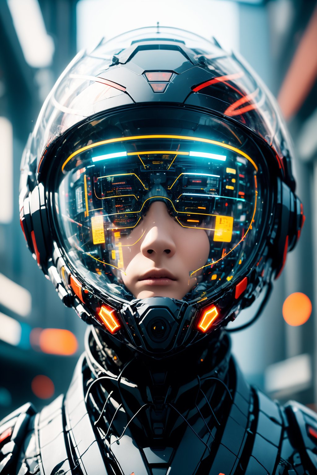 AgainCyberpunk, 1girl, solo, realistic, science fiction, helmet, cable, cyberpunk, lips, portrait, head-mounted display, blurry, robot, depth of field, blurry background, closed mouth, screen, glowing, facing viewer