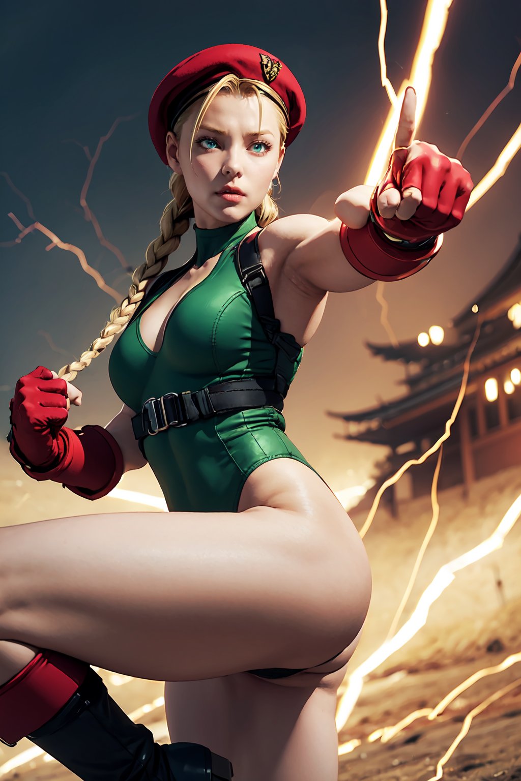 masterpiece,best quality,extreme detail,8k,<lora:cammy:0.5>,cammy2,1girl,solo,long hair,breasts,looking at viewer,blue eyes,blonde hair,gloves,hat,medium breasts,braid,thighs,boots,fingerless gloves,twin braids,leotard,lips,muscular,beret,highleg,scar,thick thighs,clenched hand,red headwear,green highleg leotard,red gloves,fighting stance,muscular female,holster,harness,thigh holster,thong leotard,green leotard,chest harness,thigh pouch, legendary fighting, skills, martial arts expert,lightning kick, spinning bird kick,